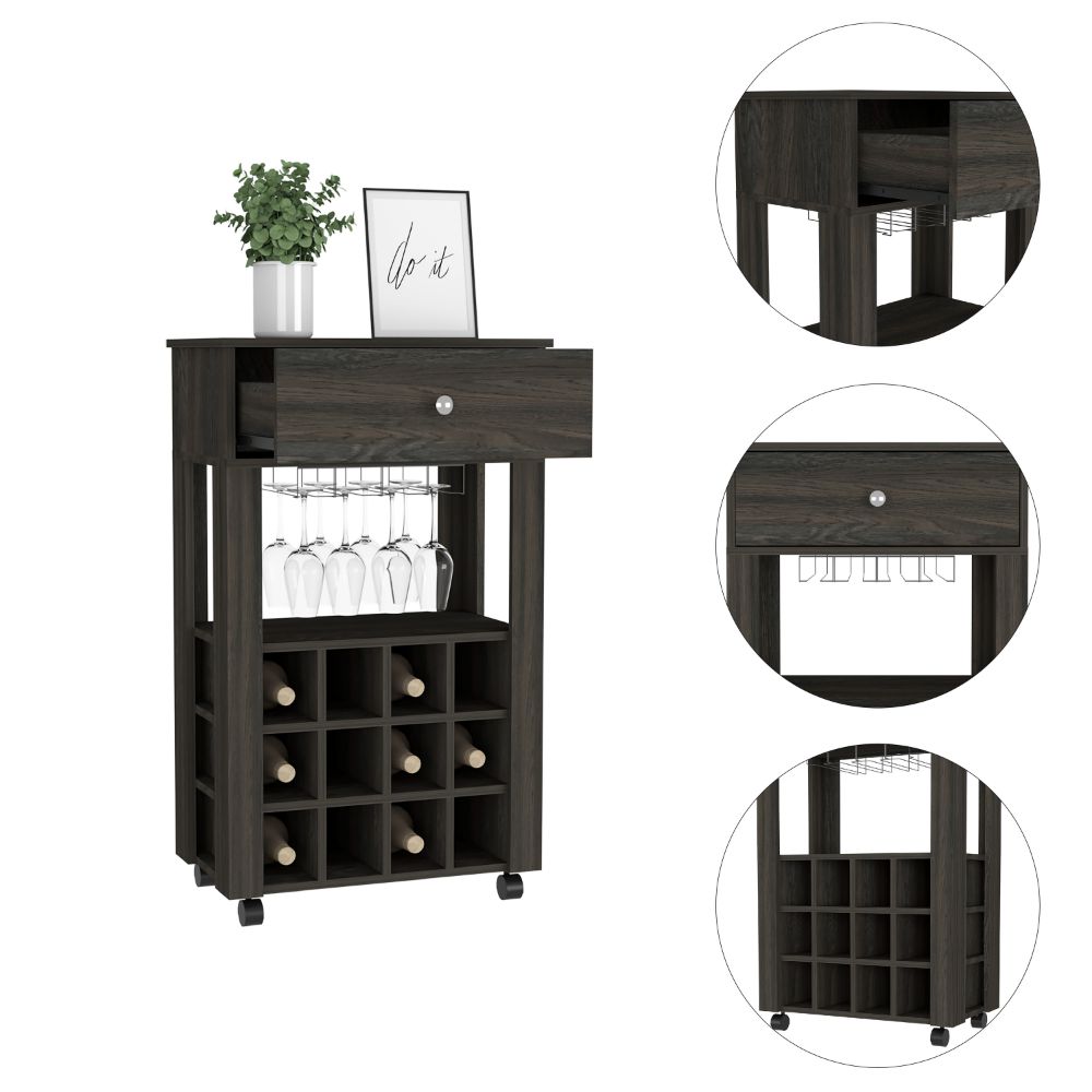 Memphis Bar Cart, Twelve Built-in Wine Rack, Four Legs, One Open Shelf -Espresso